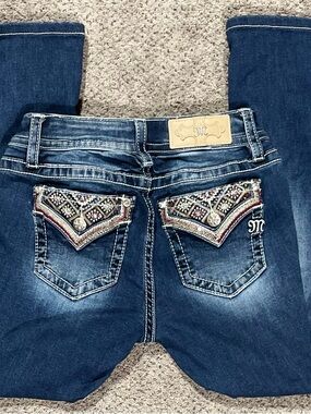 Miss Me Y2K Embroidered Rhinestone Bootcut Jeans Size 26 Mid Rise Flap Pocket